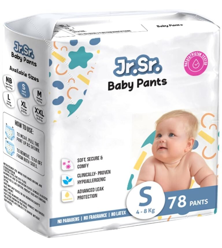 Jr. Sr. Baby Diaper Pants | Small (S) Size (4-8 kg), 78 Count | Pack of 1 | Upto 12 hr Absorption with Advanced Leak Protection | Safe For Babies Skin | Soft, Secure & Comfy