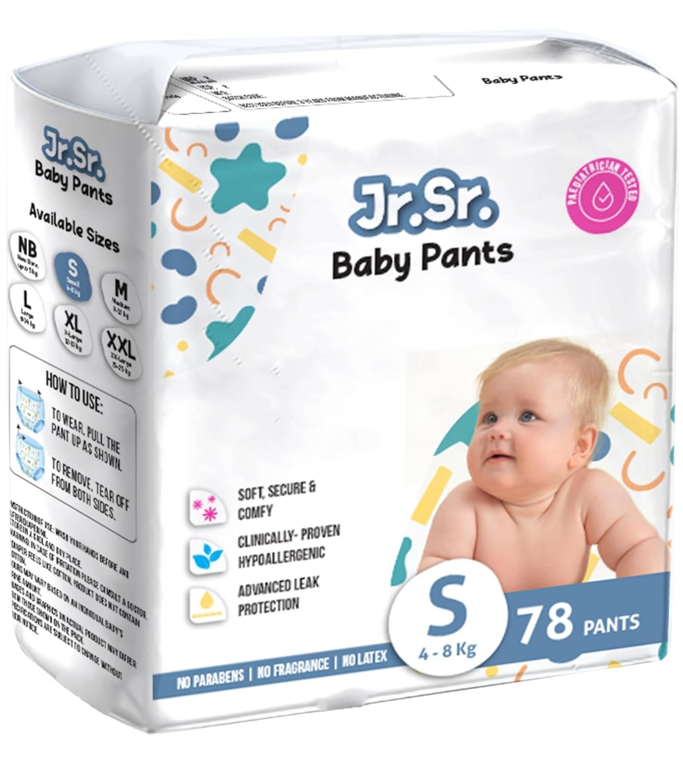 Jr. Sr. Baby Diaper Pants | Small (S) Size (4-8 kg), 78 Count | Pack of 1 | Upto 12 hr Absorption with Advanced Leak Protection | Safe For Babies Skin | Soft, Secure & Comfy