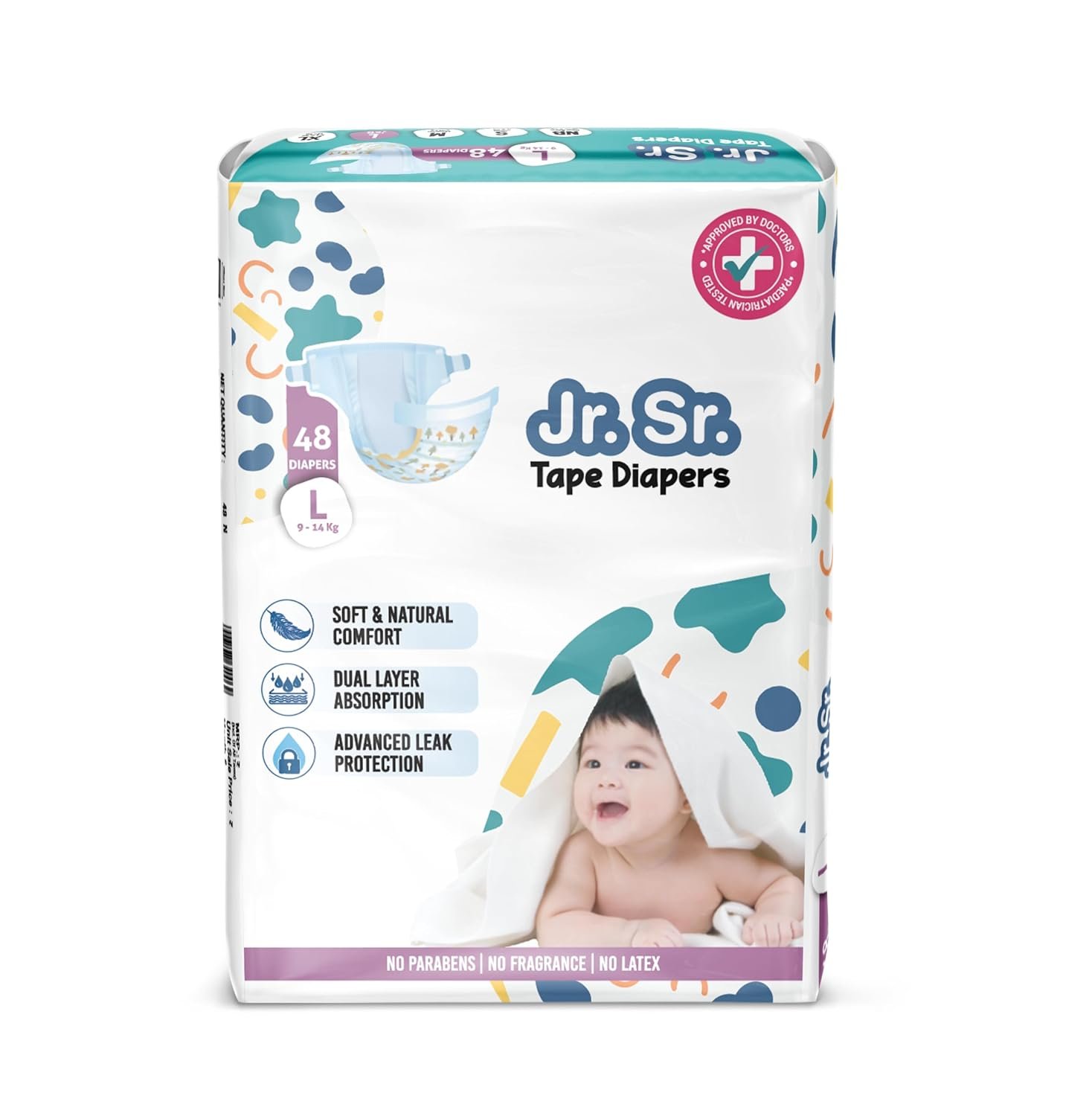 Jr. Sr. Baby Tape Style Diaper | Adjustable Fit For Babies | Large (L) Size (9-14 kg), 48 Count | Pack of 1 | Upto 12 hr Absorption with Advanced Leak Protection | Soft & Comfy