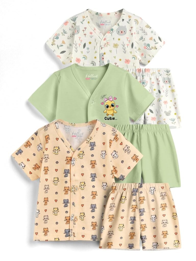 HELLCAT 100% Cotton Jhabla T Shirt & Shorts Matching Co-ords for Babies – Pack of 3 (Unisex, ShortSleeve)