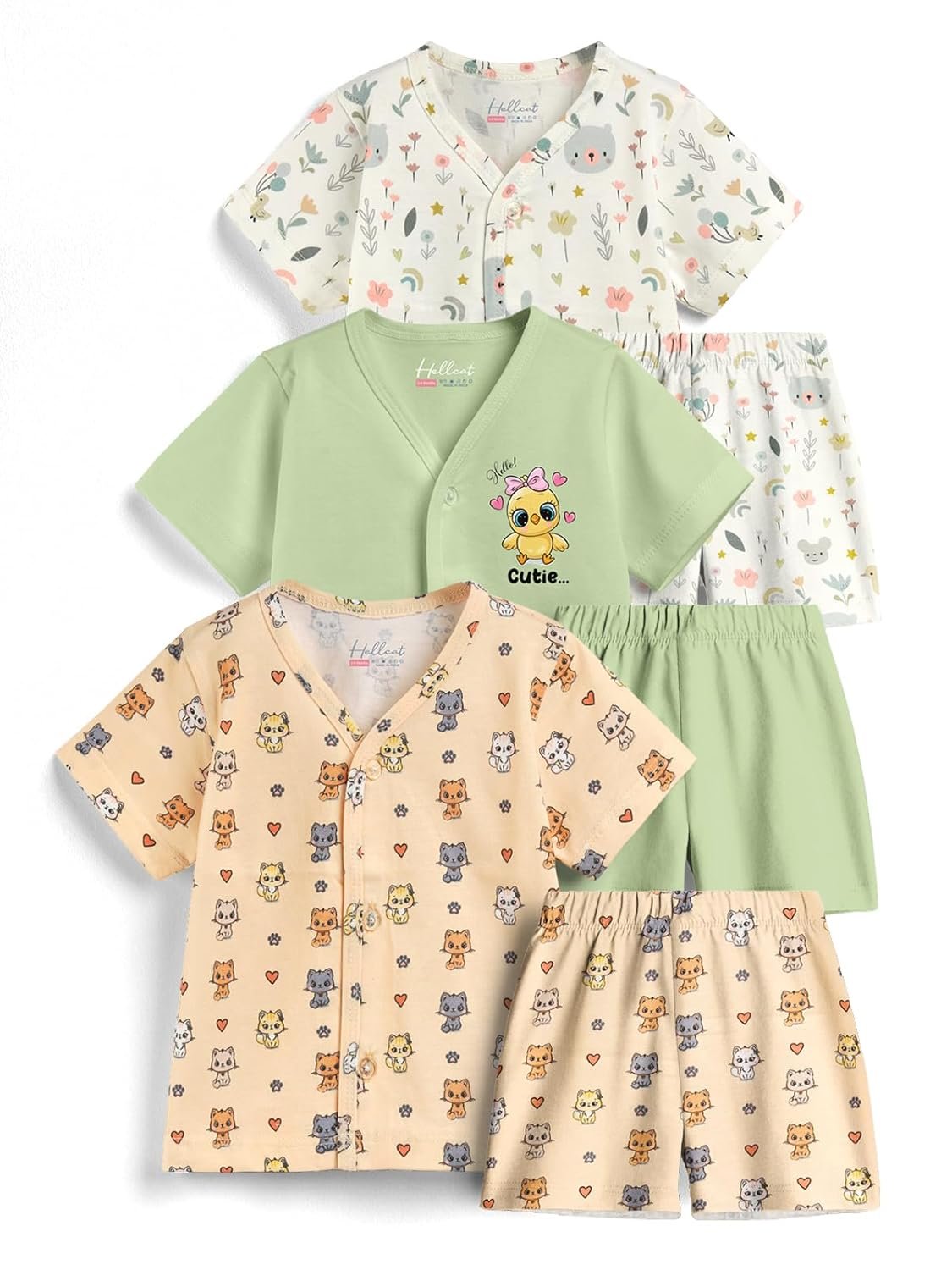 HELLCAT 100% Cotton Jhabla T Shirt & Shorts Matching Co-ords for Babies – Pack of 3 (Unisex, ShortSleeve)