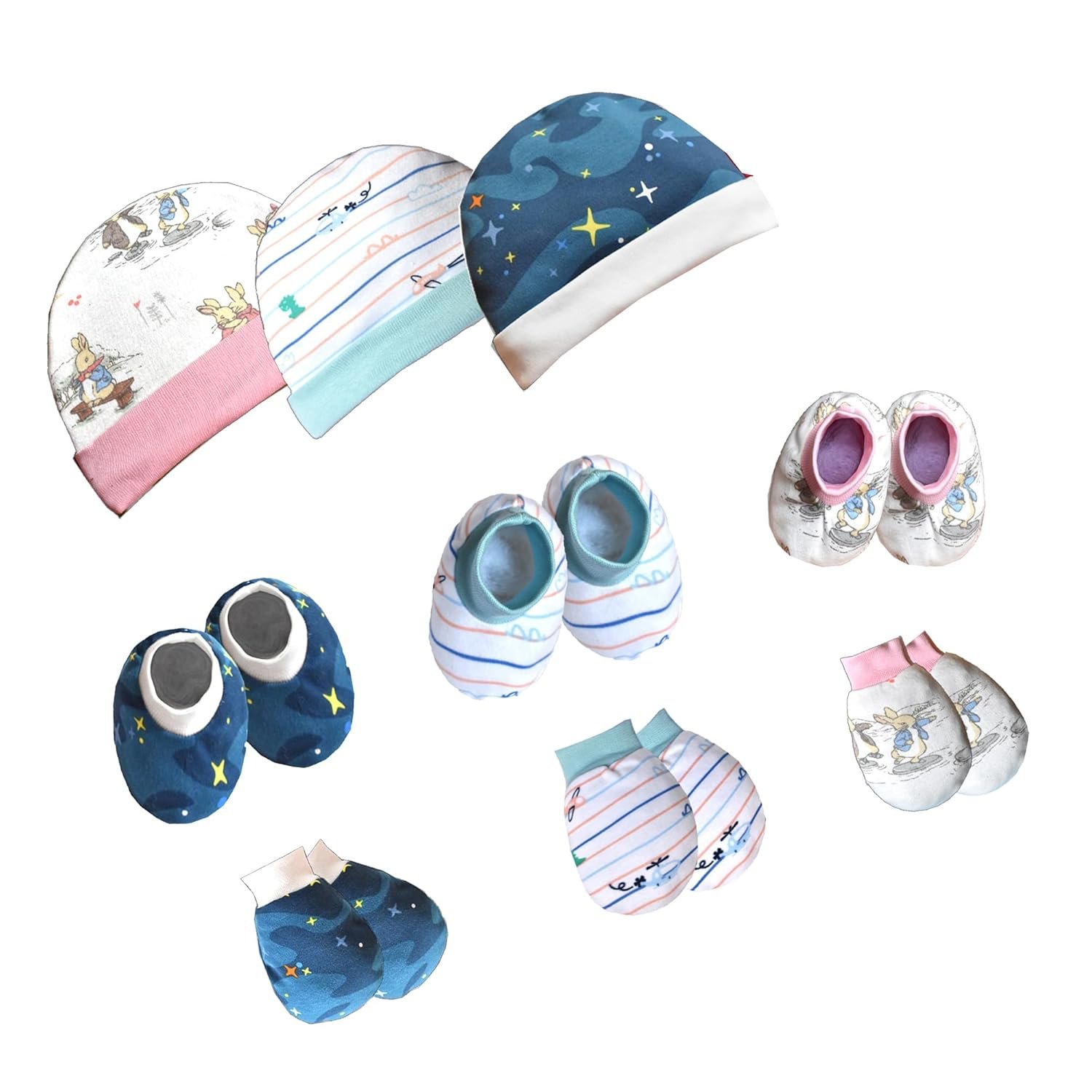 VParents New Born Baby Cotton Gloves, Cap & Mittens Combo Set (0-3 Months) | Booty Set | Kids Gloves & Socks | Best Baby Gift | For Boys & Girls