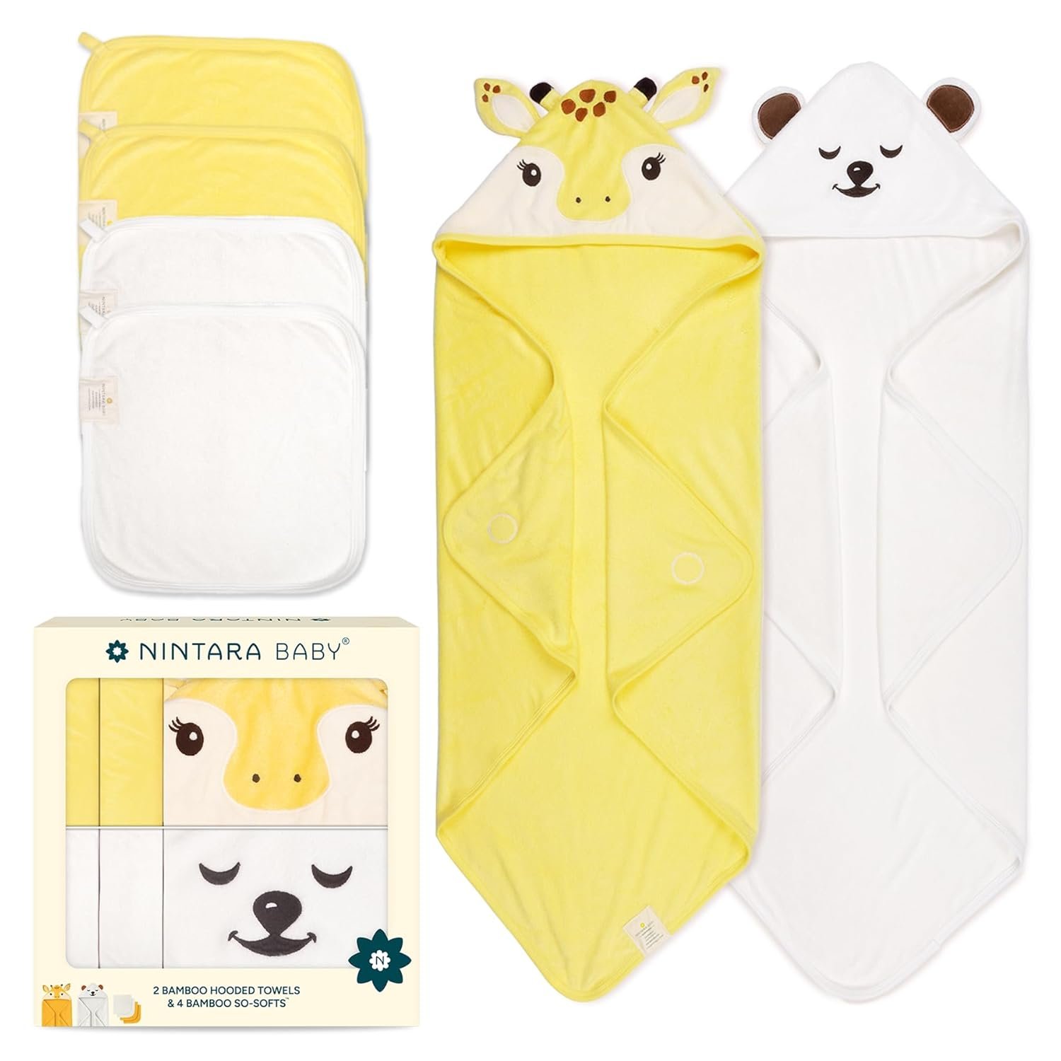 NINTARABABY Bamboo Bath Set – Hooded Towel (30″x30″) + 2 Multi-Purpose Wash Cloths (10″x10″), Ultra-Soft, Hypoallergenic, Absorbent & Quick-Drying Baby Gift for Newborns & Toddlers