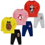 Trendy Printed Unisex Cotton T-Shirt & Pyjama Set | Full Sleeve Top & Track Pant | Boys & Girls | Pack of 3 | Newborn & Kids