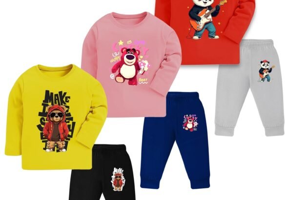 Trendy Printed Unisex Cotton T-Shirt & Pyjama Set | Full Sleeve Top & Track Pant | Boys & Girls | Pack of 3 | Newborn & Kids