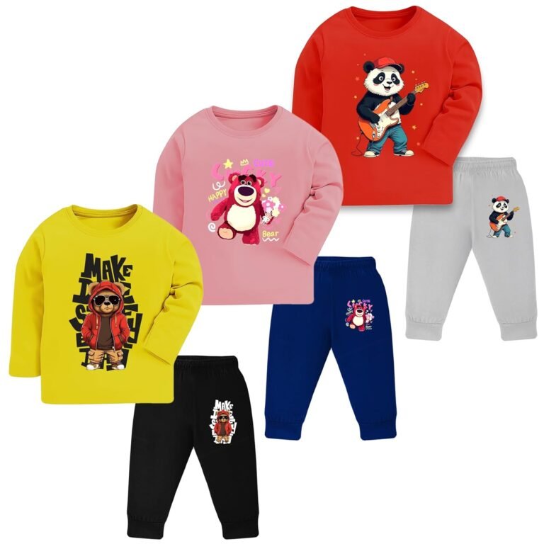 Trendy Printed Unisex Cotton T-Shirt & Pyjama Set | Full Sleeve Top & Track Pant | Boys & Girls | Pack of 3 | Newborn & Kids