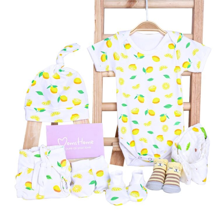 MOM’S HOME Organic Cotton Baby Essentials Gift Set | Baby Shower Gift Hamper | Baby Clothing Gift Combo | Lemon | Pack of 7