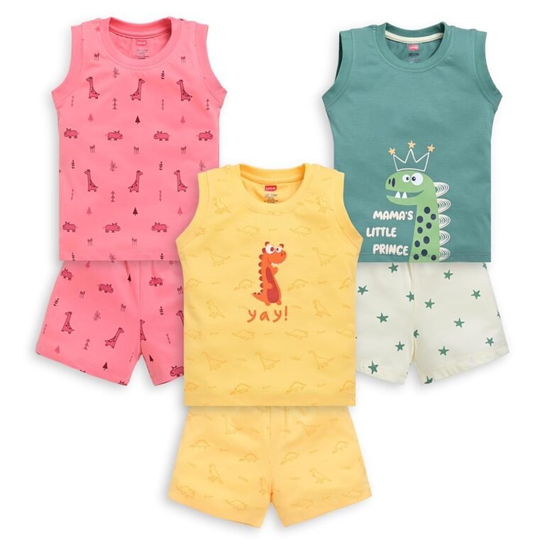 LuvLap Baby Boys Regular Fit 100% Cotton Sleeveless Boys T-Shirt & Shorts Sets Pack of 3