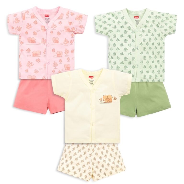 LuvLap Baby Boys & Girls Regular Fit 100% Cotton Half Sleeve Jhabla & Shorts Set Pack of 3