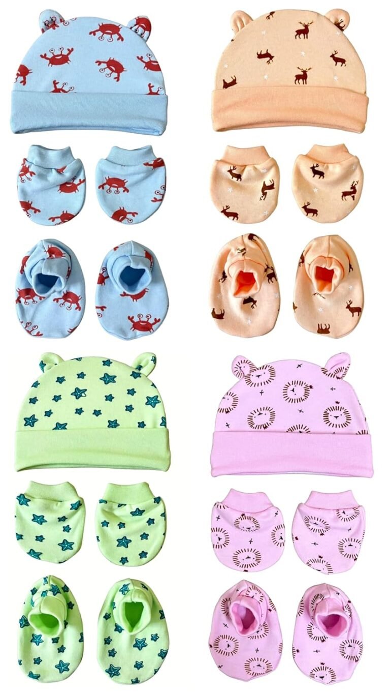 MOM’S Darling Cotton Cap, Mittens and Booties Set for New Born Baby (0-6 Months) – Pack of 4 Pairs for Baby Boy & Girl 0-6 Months| New Born Baby Products | Baby Shower Gift, Cap Set(Multicolor)