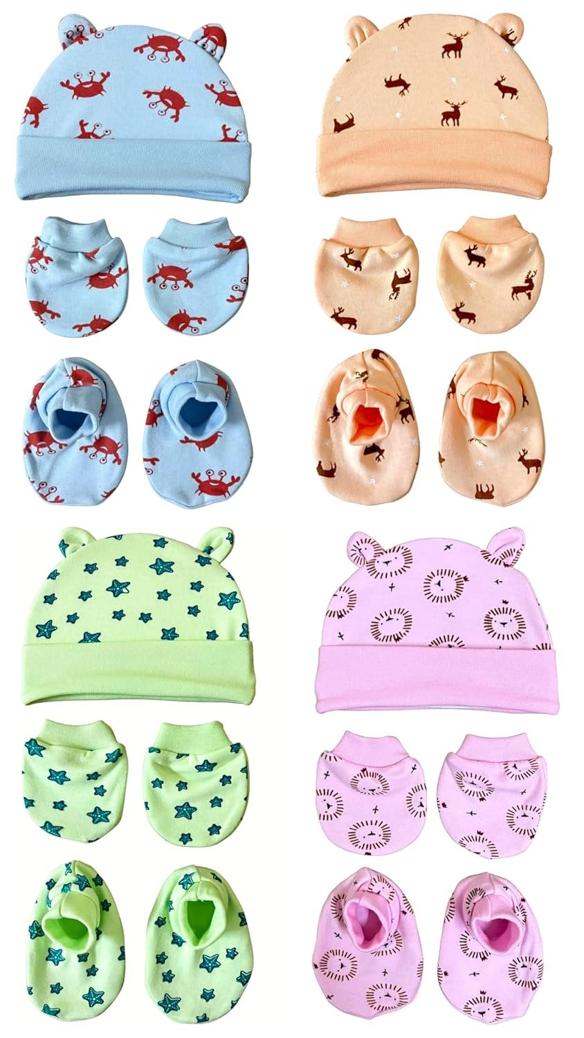 MOM’S Darling Cotton Cap, Mittens and Booties Set for New Born Baby (0-6 Months) – Pack of 4 Pairs for Baby Boy & Girl 0-6 Months| New Born Baby Products | Baby Shower Gift, Cap Set(Multicolor)