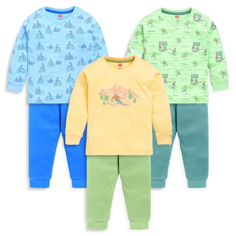 LuvLap Baby Boys 100% Cotton Full Sleeve Boys T-Shirt & Pyjama Sets Pack Of 3, Peach, Misty Blue & Sea Green, XXL (18 to 24 Months)