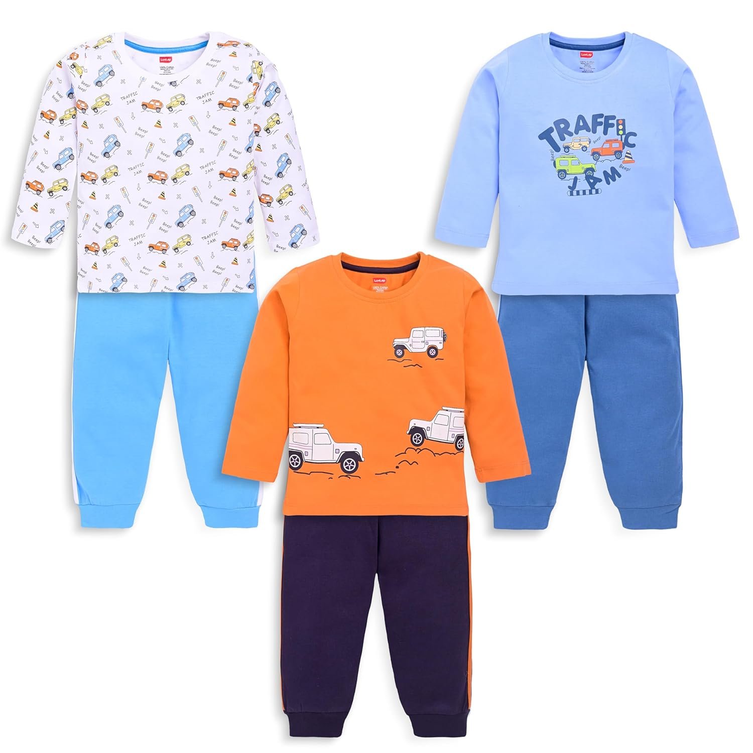 LuvLap Baby Boys 100% Cotton Full Sleeve Boys T-Shirt & Pyjama Sets, Pack of 03 Powder Blue, White, Saffron 3 to 6 Months