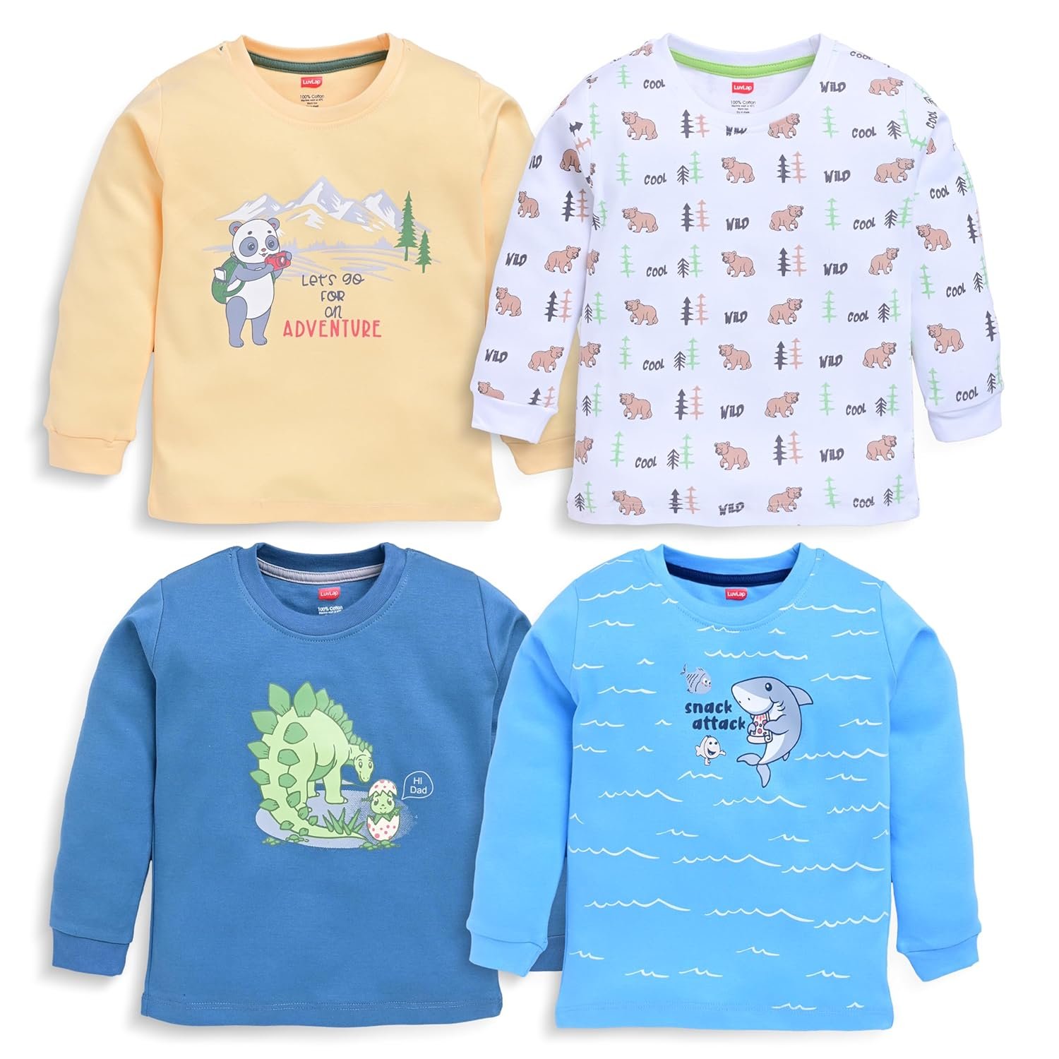 LuvLap Baby Boys Regular Fit 100% Cotton Full Sleeves Boys T-Shirt Set Pack of 4