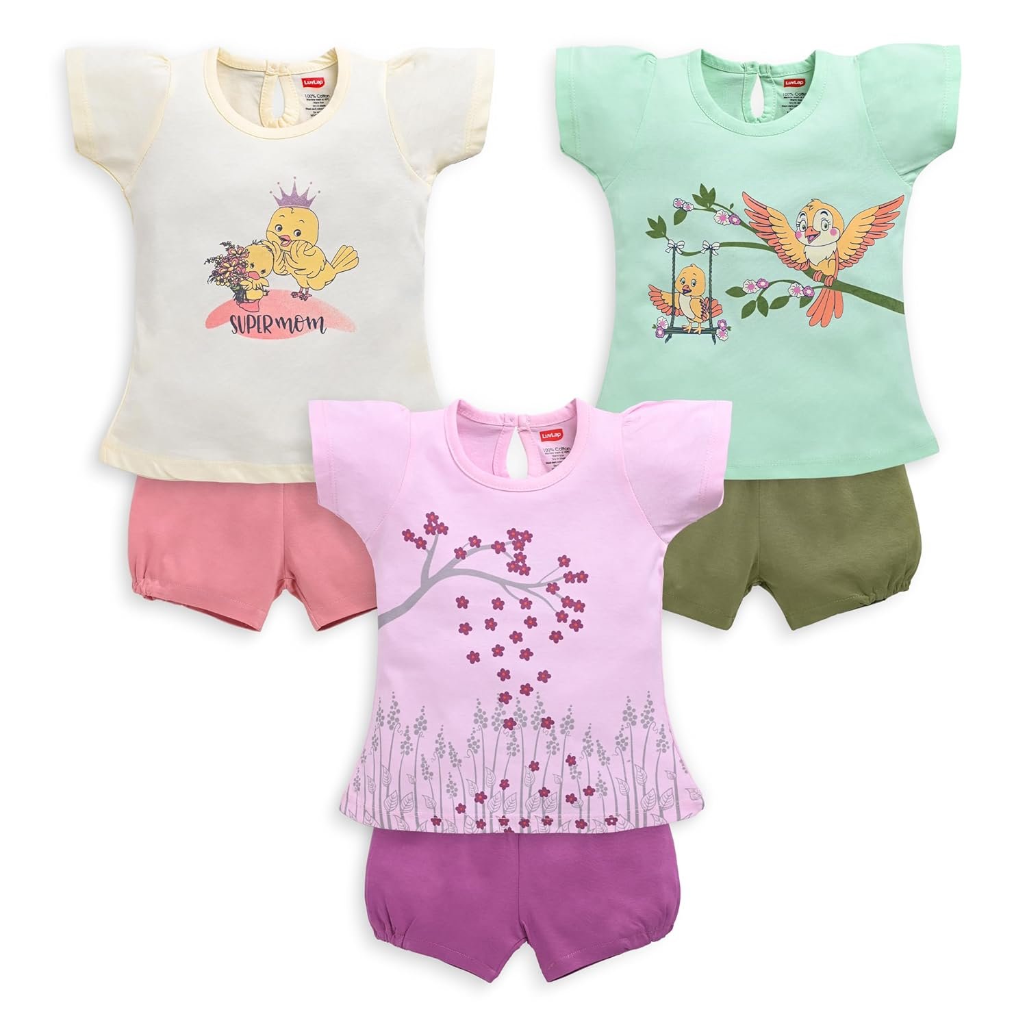 LuvLap Baby Girls Regular Fit 100% Cotton Half Sleeves Girls Top CoSet Pack of 3