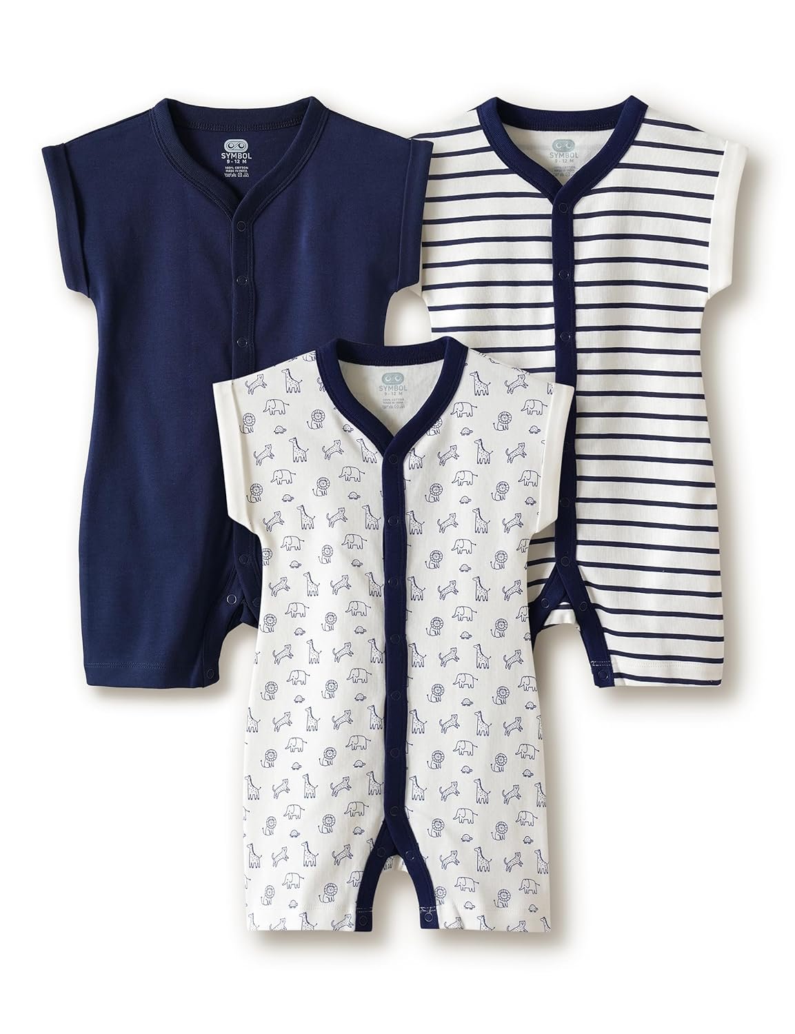 Amazon Brand – Symbol Unisex 100% Cotton Half Sleeve Baby Rompers (Available in Pack of 3 & 6)