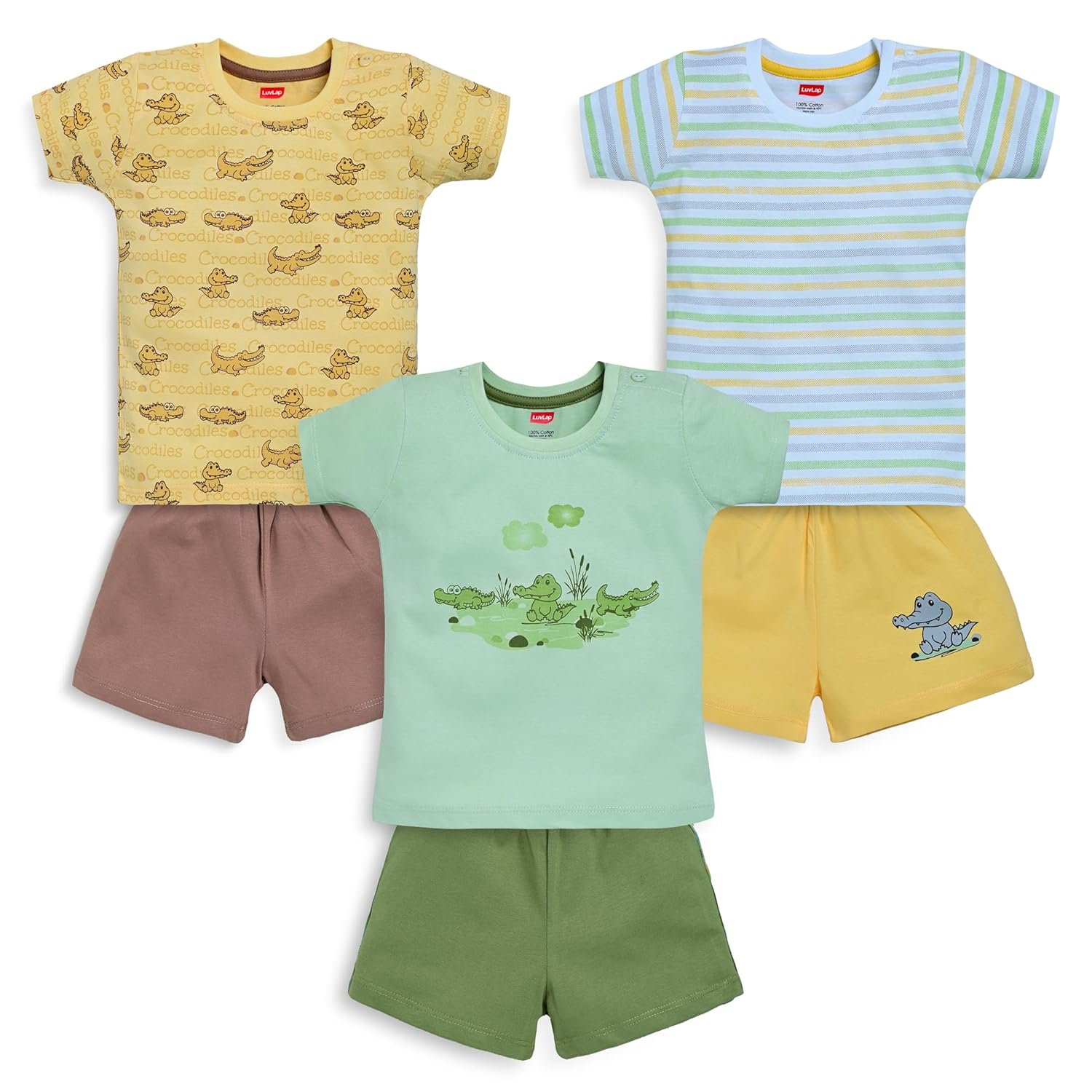 LuvLap Baby Boys Pack Of 3 Half Sleeve Printed T-Shirt & Shorts Set 100% Cotton,L (6 To 12 Months),Multicolor