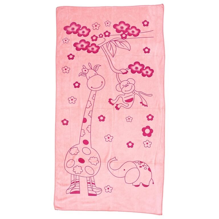 SMILE BABY Kids Bath Towel for Girls Boys – Soft Premium Cotton Quick Drying Towels for Unisex Kids – Cartoon Print Wash Dry Cloth Towel for Babies Toddlers, 140 x 70 cm (JIRAF Monkey Elephant Peach)