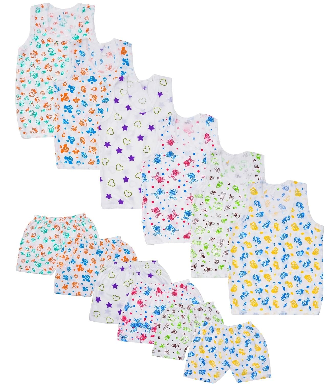 Shyamcollections Baby Boy & Girl Cartoon Print Sleeveless Soft Cotton Casual Vest T-Shirt with Shorts Dress for Summer Wear Kids Infant Toddler New Born Baby Clothes (Set of 6) (3-6 months)