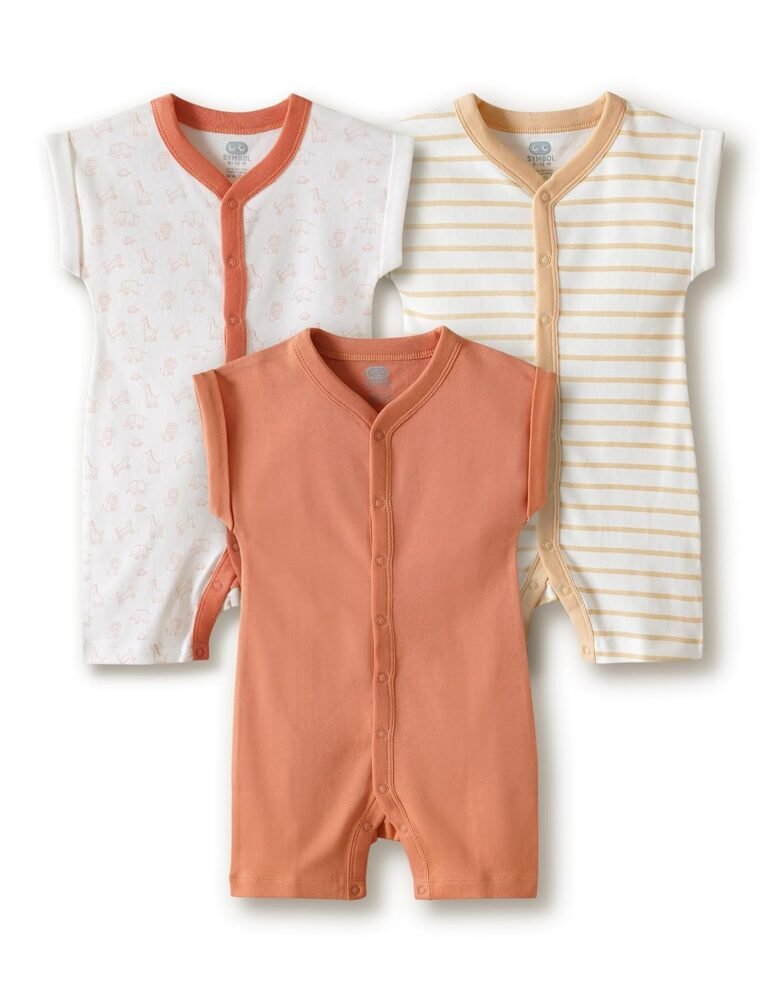 Amazon Brand – Symbol Unisex 100% Cotton Half Sleeve Baby Rompers (Available in Pack of 3 & 6)
