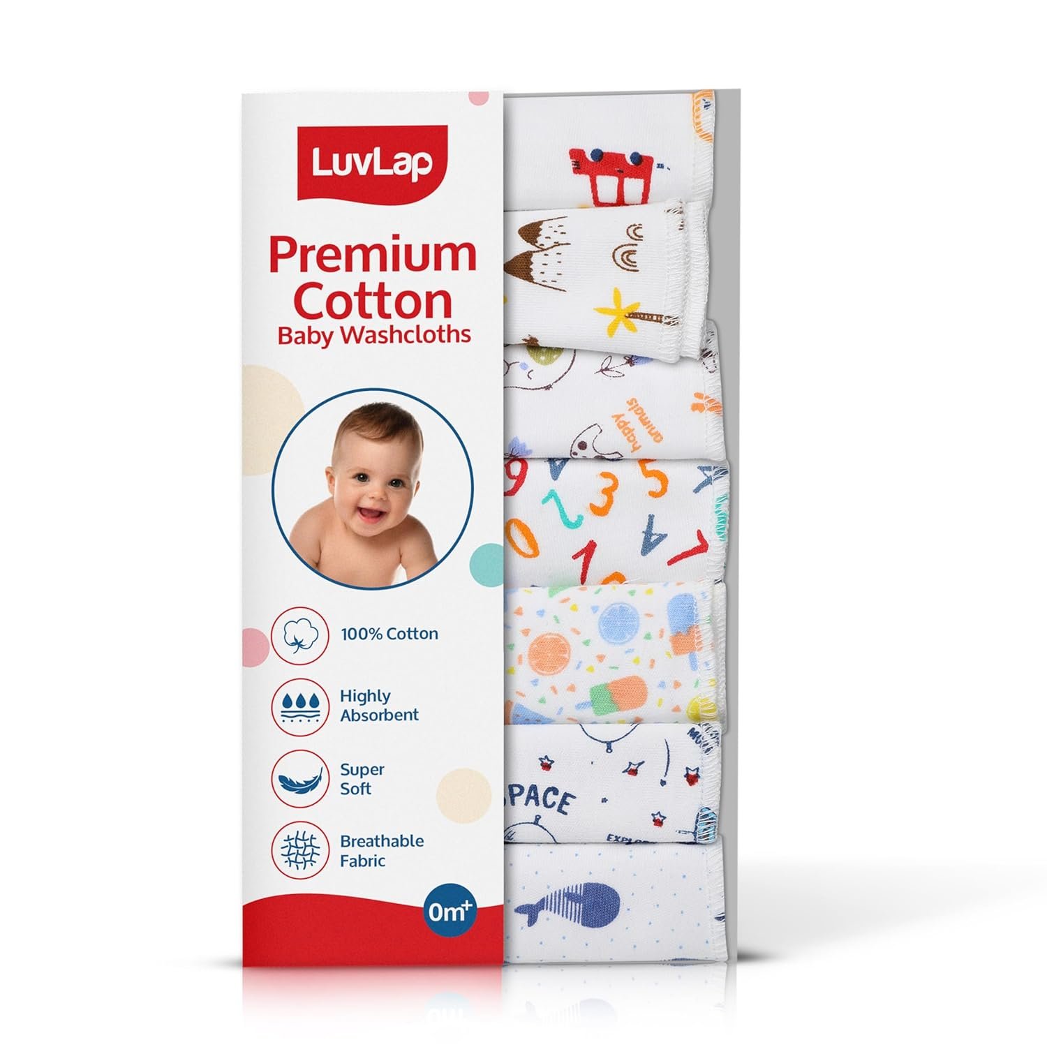 LuvLap Hosiery Cotton Cloth Premium Baby Washcloth for New Born, Washable (30 cm x 30 cm), Reusable, Absorbent, Extra Soft Face Towels/Washcloth for Babies, Alphabets Print, Pack of 7 Pcs, Multicolour