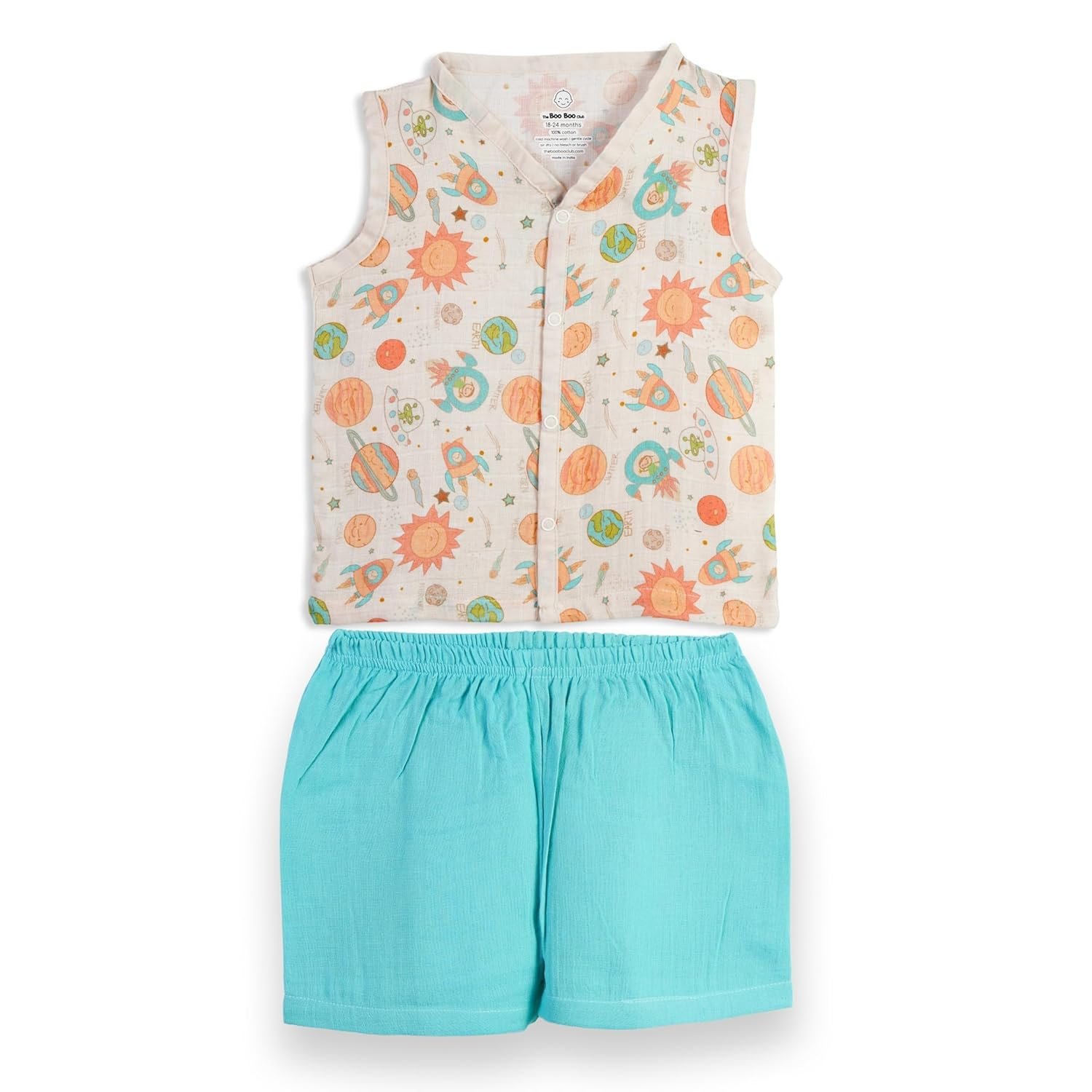 The Boo Boo Club Muslin Jhabla and Short Set GOTS Certified Organic Cotton | Short Sleeve Snap Button Vest | Summer Wear Set | Printed Jhabla with shorts