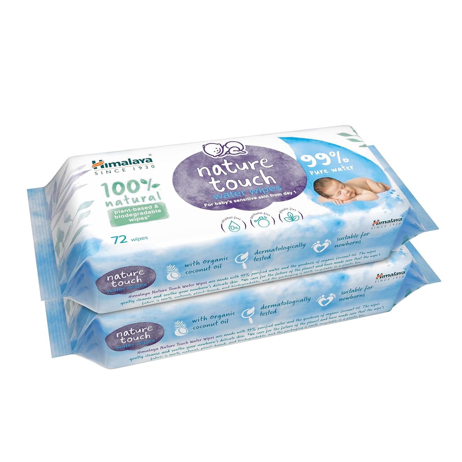 Himalaya Nature Touch Water Baby Wipes |72 Wipes – Pack of 2| 99% Pure Water | 100% Plant-Based Biodegradable Wipes | Organic Coconut Oil | for Sensitive Skin from Day 1 |Unscented