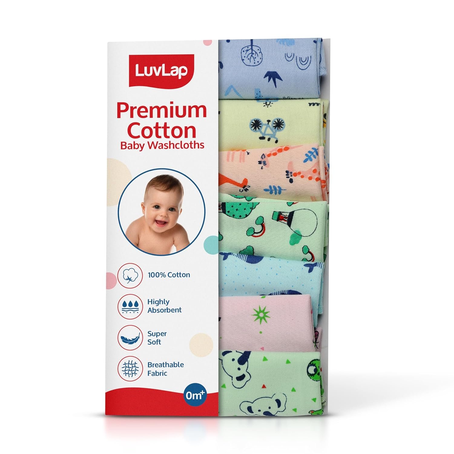 LuvLap Hosiery Cotton Cloth Premium Baby Washcloth for New Born, Washable (22 cm x 22 cm), Reusable, Absorbent, Extra Soft Face Towels/Washcloth for Babies, Giraffe Print, Pack of 7 Pcs, Multicolour