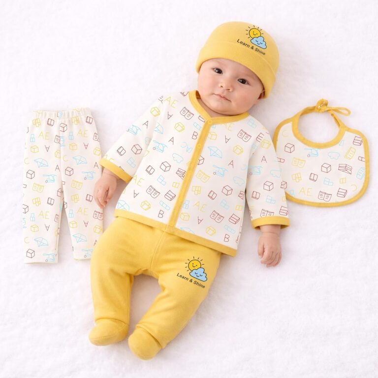 Kidbee Baby Clothing Gift Set for Boys & Girls, 5 Piece Newborn Clothing Combo with Front Open Top, Pajama, Printed Pant, Cap & Bib, Soft Cotton, 0–6 Months Baby