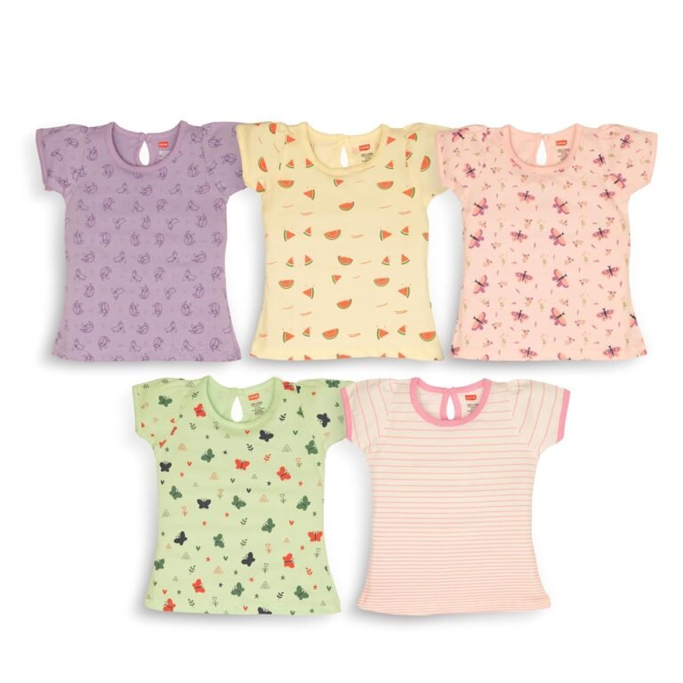 LuvLap Baby Girls Regular Fit 100% Cotton Half Sleeves Girls Top CoSet Pack of 5
