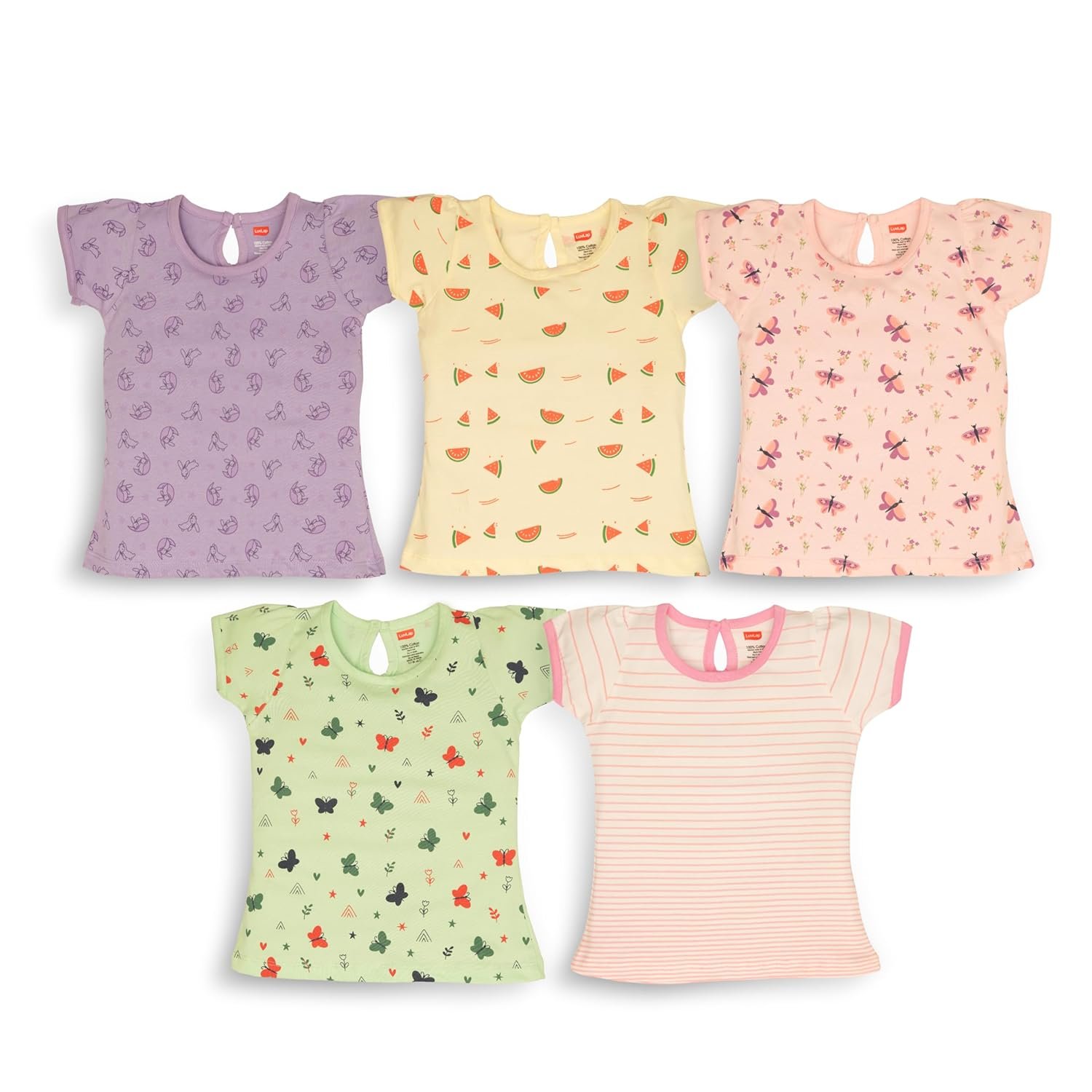 LuvLap Baby Girls Regular Fit 100% Cotton Half Sleeves Girls Top CoSet Pack of 5