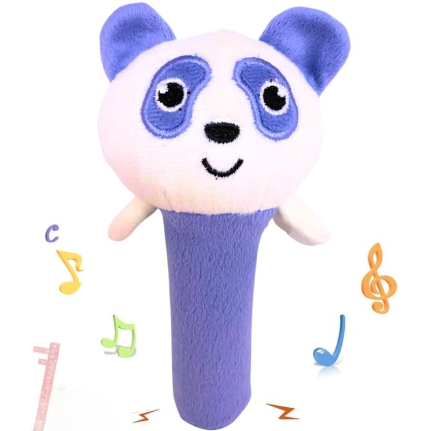 Storio Baby Premium Plush Soft Panda Face Rattle Soft Toy with Squeeze Handle for Squeaky Sound, Multicolor