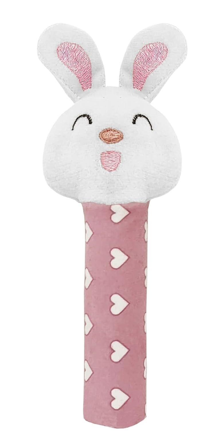 Pikipo Bunny Face Rattle Soft Toy(Plush) for Baby with Squeeze Handle for Squeaky Sound (Pink)