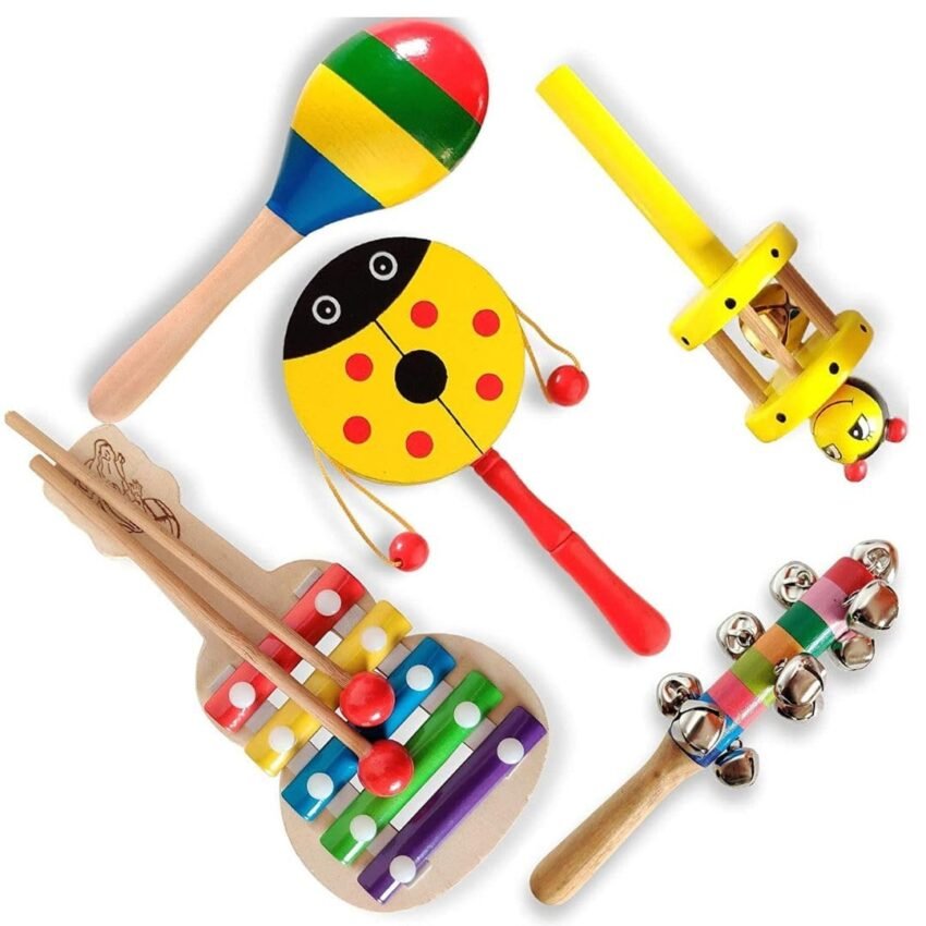 Little Mind Handmade Wooden Rattle Set for Babies – Colorful Musical Infant Toy, Safe & Non-Toxic Newborn Gift (Age 3 to 12 Months)