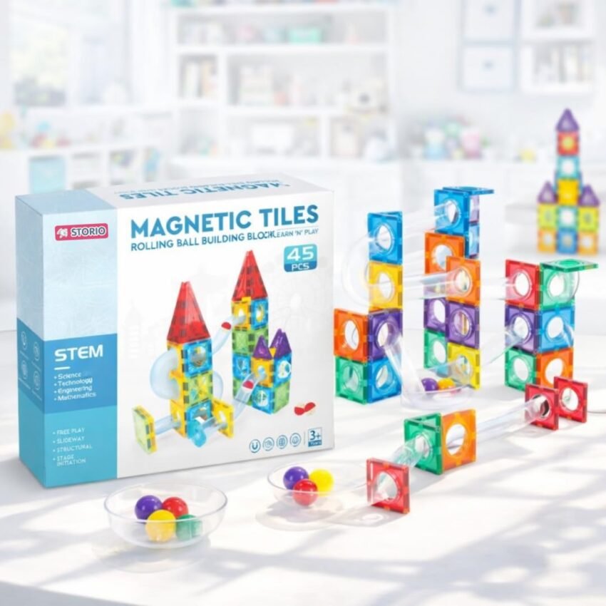 Storio 3D Magnetic Tiles Building Blocks with Ball Runner Tunnels – 45 Pcs | Magnetic Construction Set for Kids 3–8 Years | STEM Educational Toy | Creative Brain Development Gift for Boys & Girls