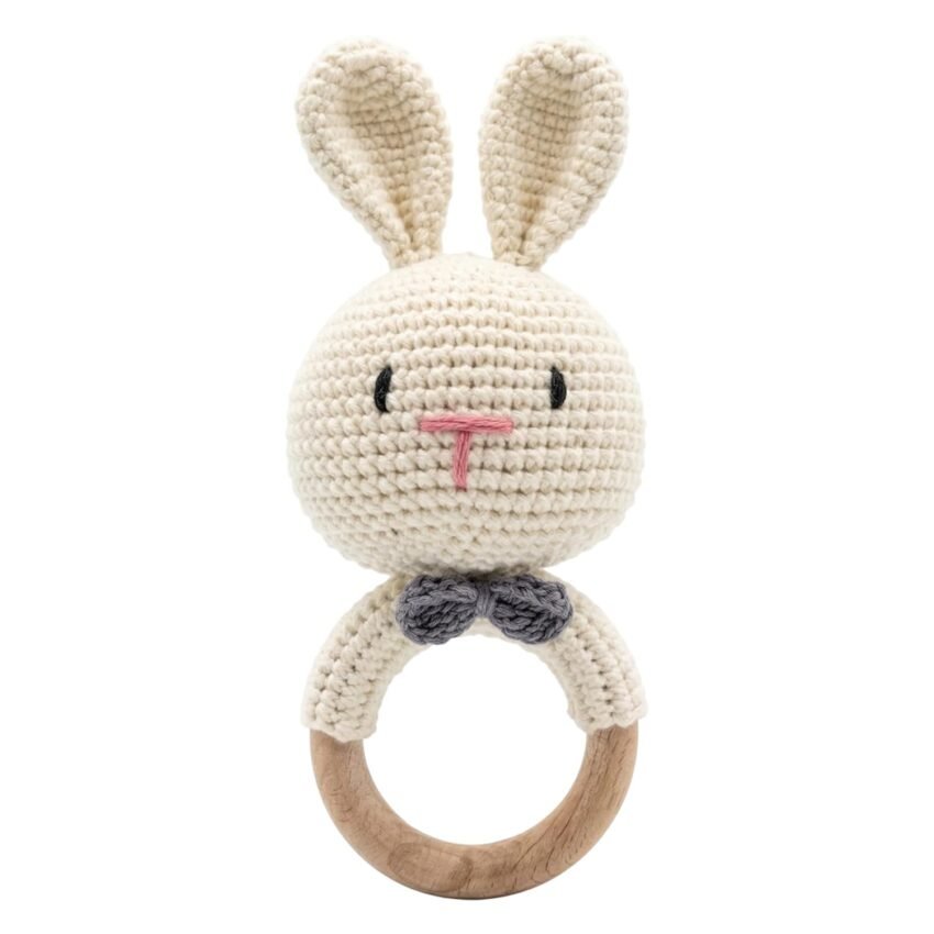 Baby Rattle for Newborn – Crochet Bunny Toy, Natural Wool Music Shaker for Hand Grips, First Gift for Boy Girl, Rabbit 1 PCS Combo, Wood
