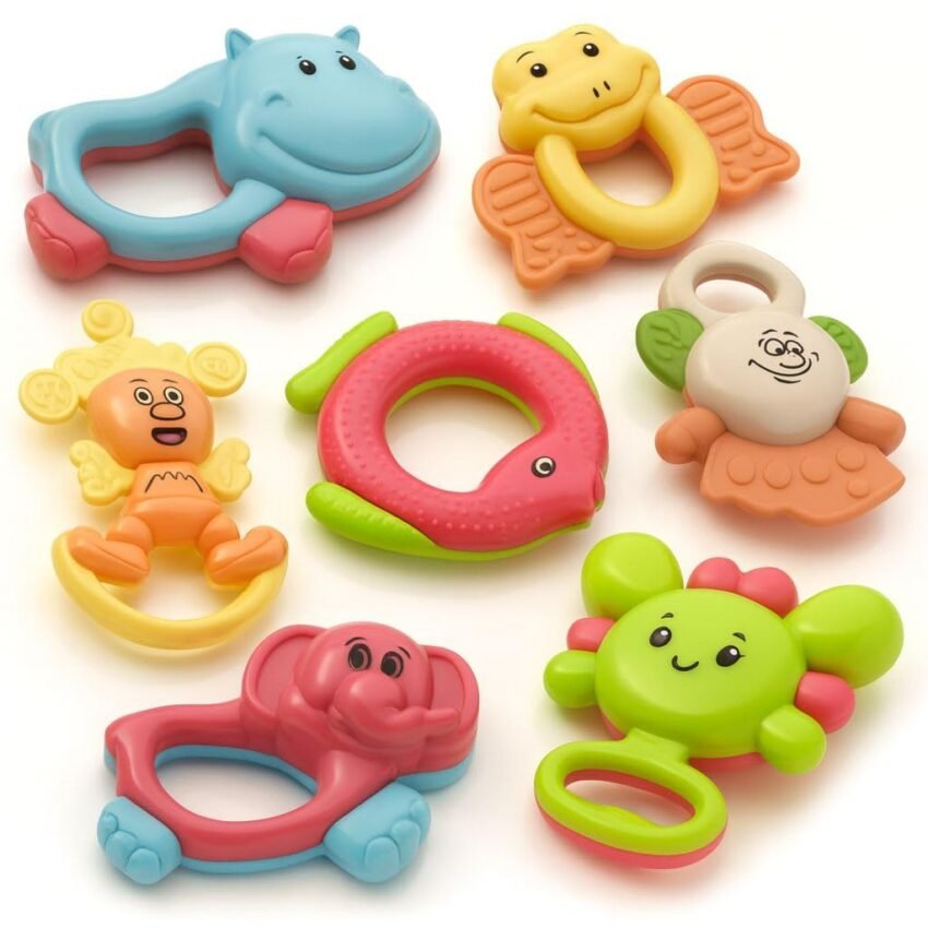 Cable World Bath Toy Infant Colourful Plastic Non Toxic Set of 7 Attractive Big Size Rattles and Teathers, Bath Toy for Kids, New Borns, Baby
