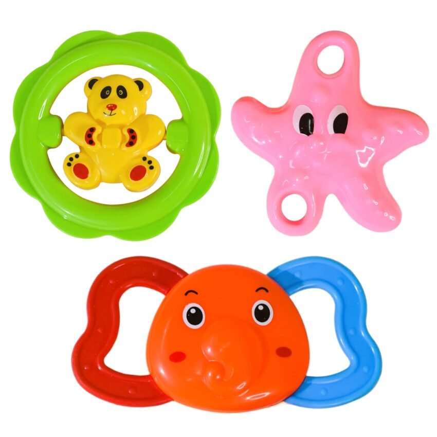 WISHKEY BPA Free Rattles and Teether Toys for Baby, Plastic Soft Soothing Teather Toy for Newborn Babies, Colorful Attractive Non-Toxic Rattle Set for Infants (Pack of 3, Multicolor)