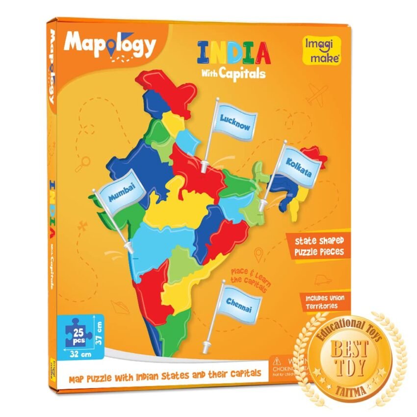 Imagimake Mapology India with State Capitals – Educational Toy and Learning Aid for Boys and Girls – India Map Puzzle – Jigsaw Puzzle, 25 Pieces, Kids