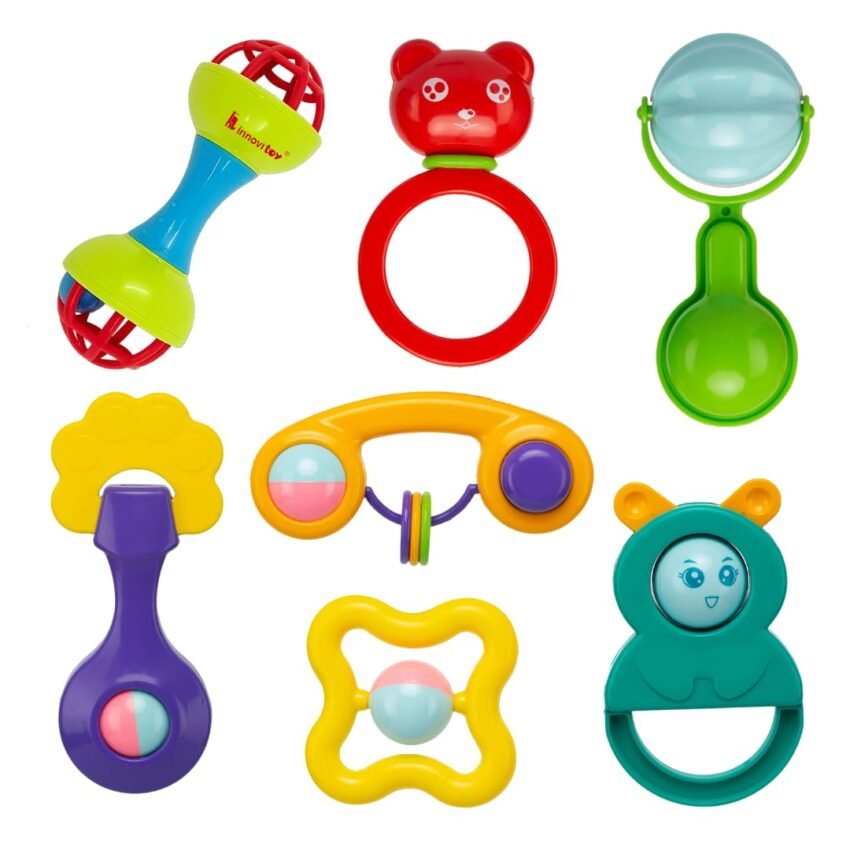 7 Pcs Premium Baby Rattle & Teether Set | Non-Toxic, Safe Toy Gift Pack for Newborn & Infants 0-12 Months | Soft Sound with Fun Colors