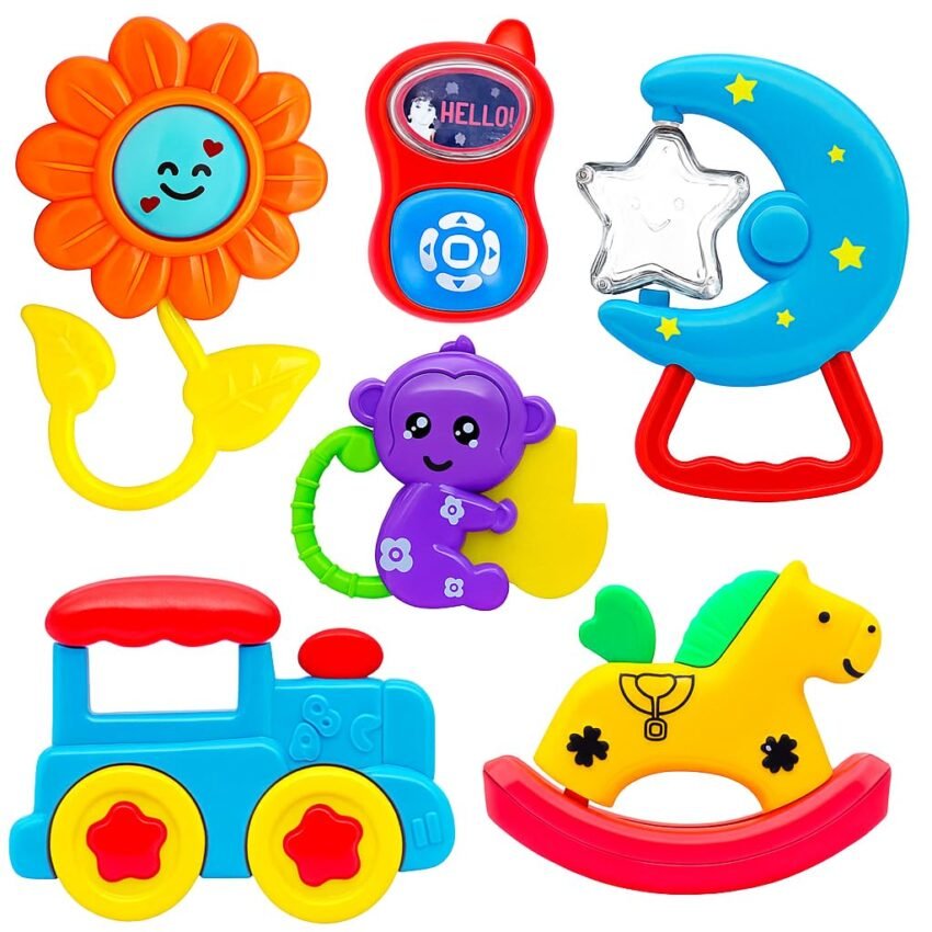 6 Pcs Colorful Baby Rattles & Teethers | Non-Toxic Plastic Infant Toy Gift Set | Safe Toys for 0-12 Months | Multicolor Pack of 6