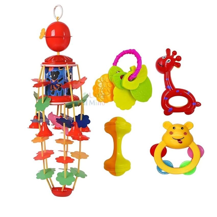 Little Mind Musical Merry Go Round Baby Toy with 4 Non-Toxic Rattles & Tethers – Crib Mobile for Newborns 0-6 Months | BPA-Free Sensory Toy for Infant Stimulation (Multicolor)