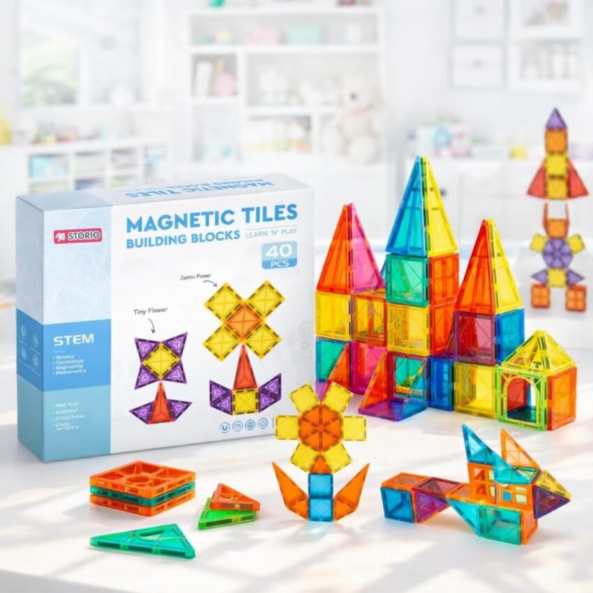 Storio 3D Magnetic Tiles Building Blocks for Kids 3-8 Years – 40 pcs | STEM Learning Educational Toy | Creative Construction Toys | Preschool Brain Development Toy | Birthday Gift for Boys & Girls