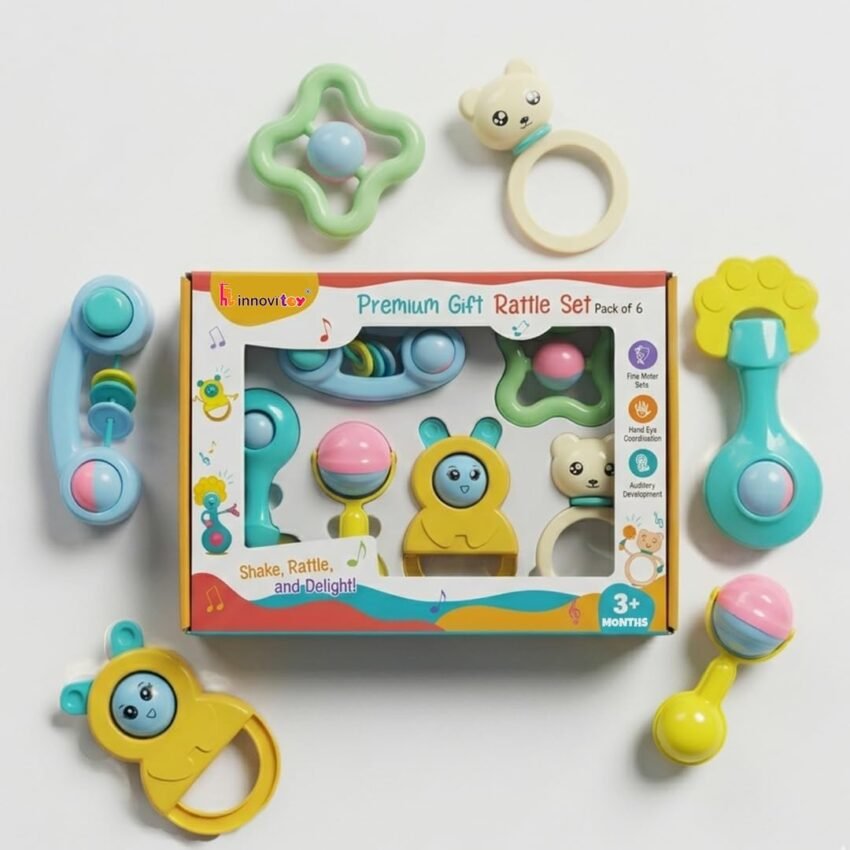 6 Pcs Premium Baby Rattle Gift Set & Teether Set | Safe, Non-Toxic Toys for Newborns 3+Months | Colorful Soft Sound Rattles | Ideal for Baby Gift