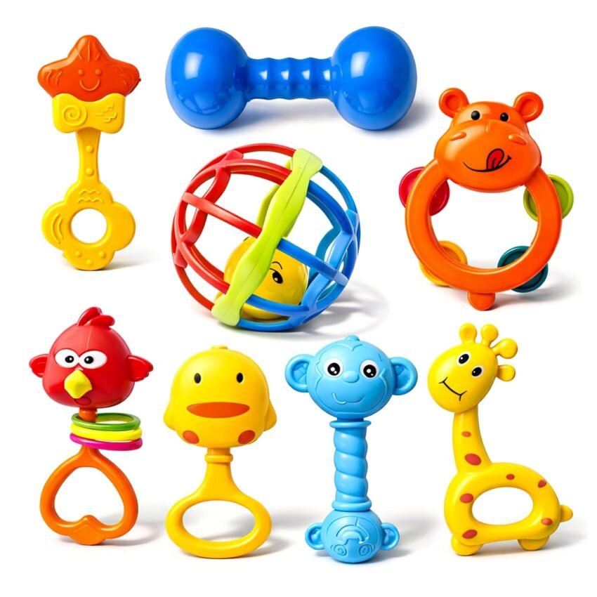 WISHKEY Colorful Attractive Plastic Non Toxic Set of 8 Shake & Grab Rattle BPA Free for New Born and Infants (Pack of 8, Multicolor)