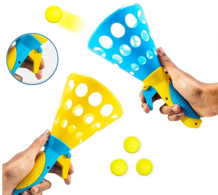 Storio Click and Catch Twin Ball Launcher Game with 3 Balls Indoor Outdoor Toy Set, Pop & Catch Ball Play Fun Boys & Girls – Multicolor