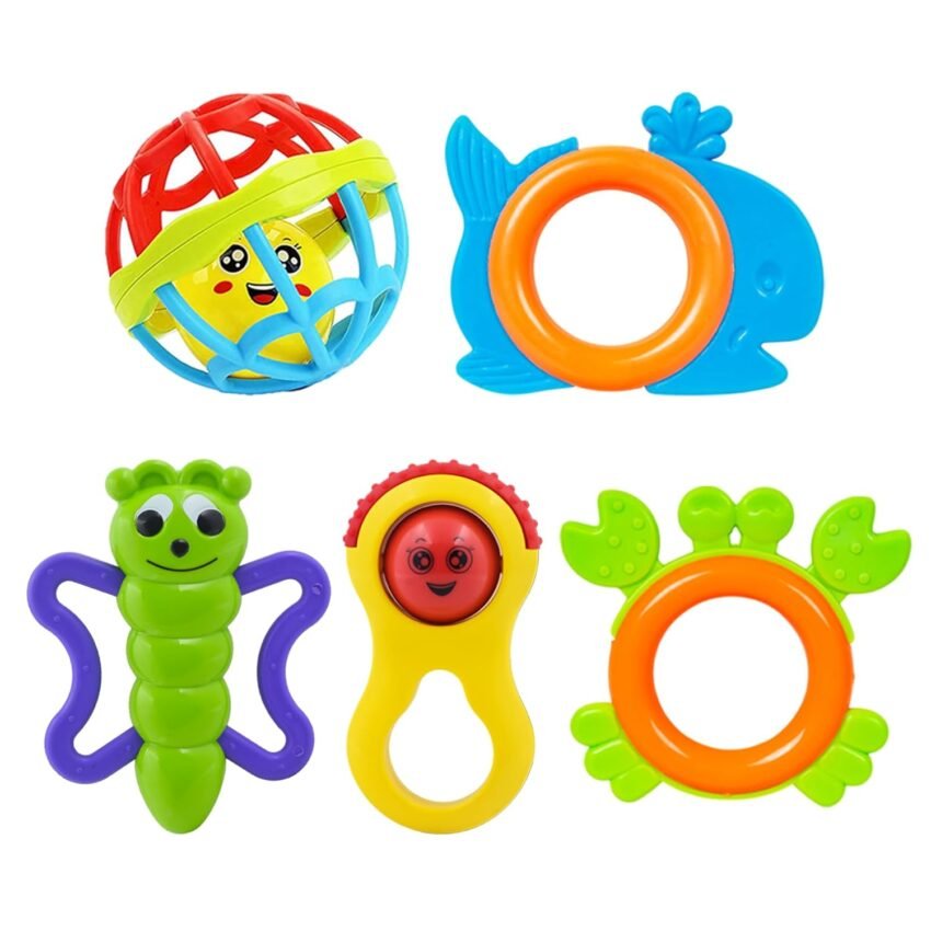 WISHKEY Cute Rattle Toys for Infants, BPA Free Non-Toxic Shake & Grab Toys for Babies, Early Age Toys, Colorful Toys for Newborn, Ideal Gift for New Born Babies, Multicolor (Pack of 5)