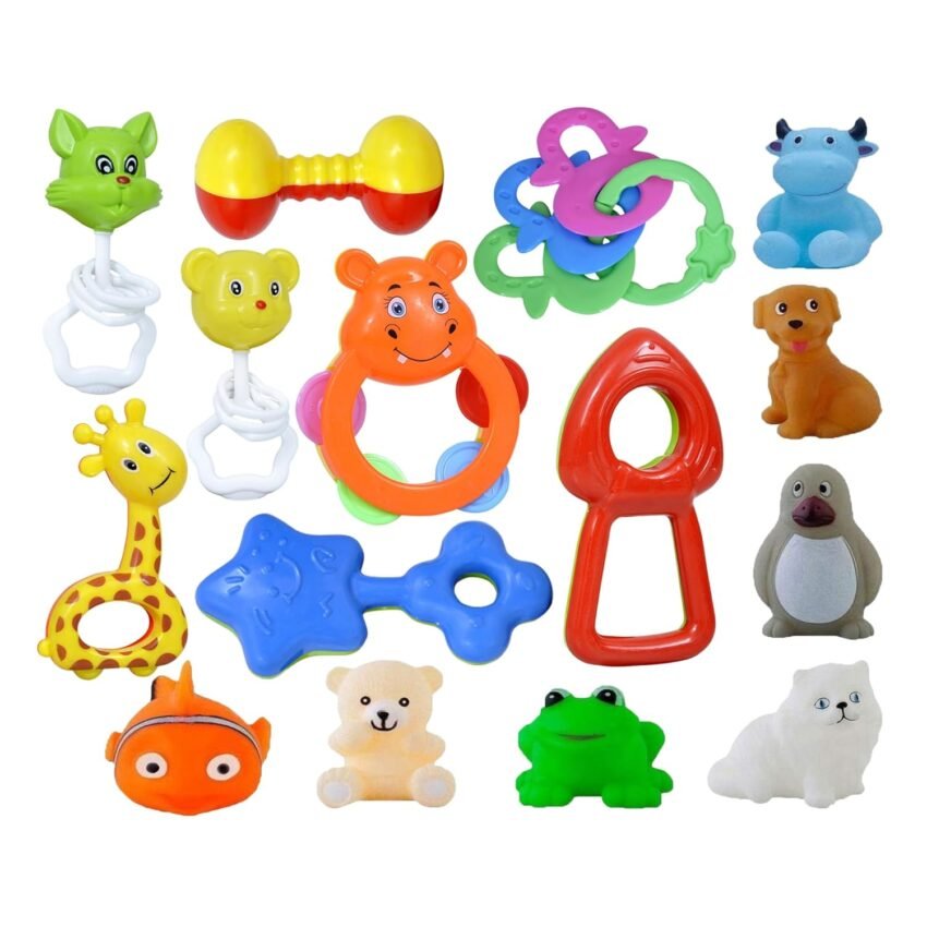 Baby Toys 0-6 Months Infant Toys 0-3 Months Infant Rattles Baby Rattle Chu Chu Toy Teether Toy Set for Newborn Boy Girl Gifts Set with Baby’s First Rattle Teether (15pcs)
