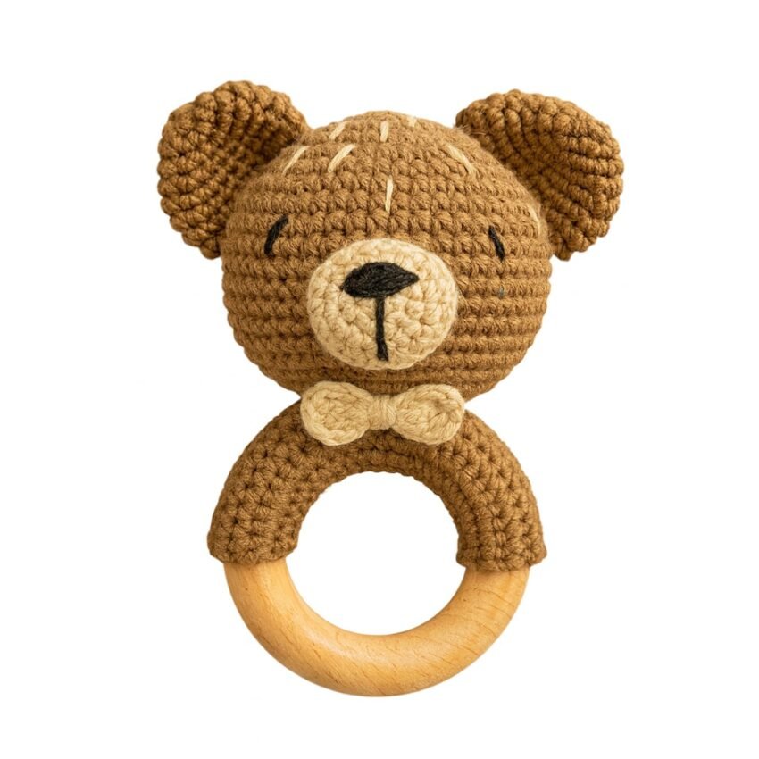 Baby Rattle for Newborn – Crochet Bunny Toy, Natural Wool Music Shaker for Hand Grips, Boy Girl First Gift Brown Bear 1 Pcs Combo (Wood)