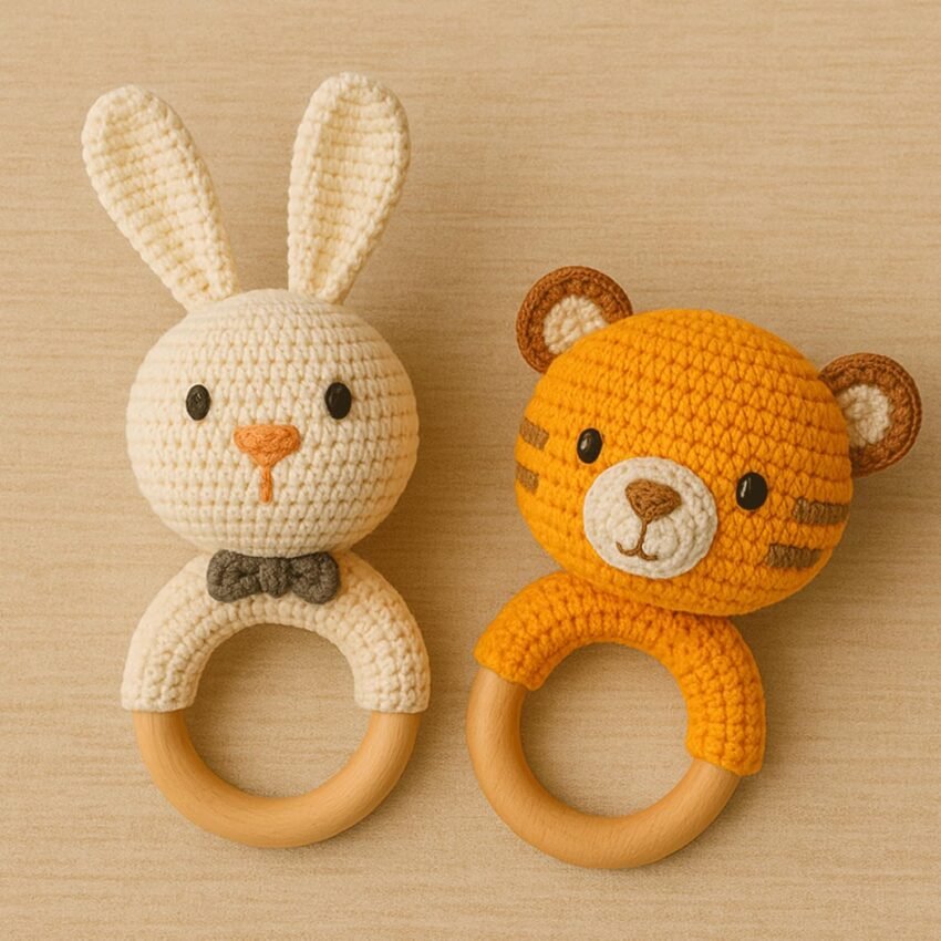 Handmade Crochet Baby Rattles Combo (Rabbit & Tiger) | Soft Cotton Knit Animal Teether Toys for Newborns & Infants | Baby-Safe, Eco-Friendly | Ideal Baby Shower Gift – Set of 2